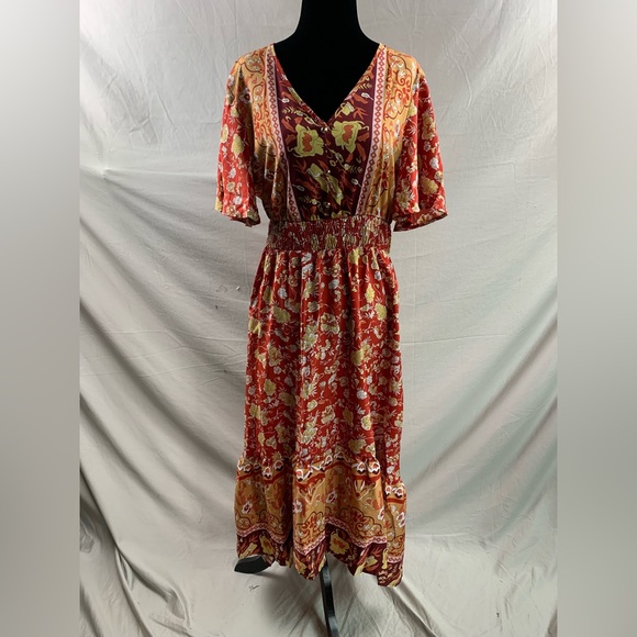 Boho Western Floral Print Butterfly Sleeve Ruffle Hem Dress - Picture 6 of 6